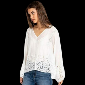 Jade Johnny Was Collete Eyelet White Embroidered Silk Cotton Bell Sleeves Blouse